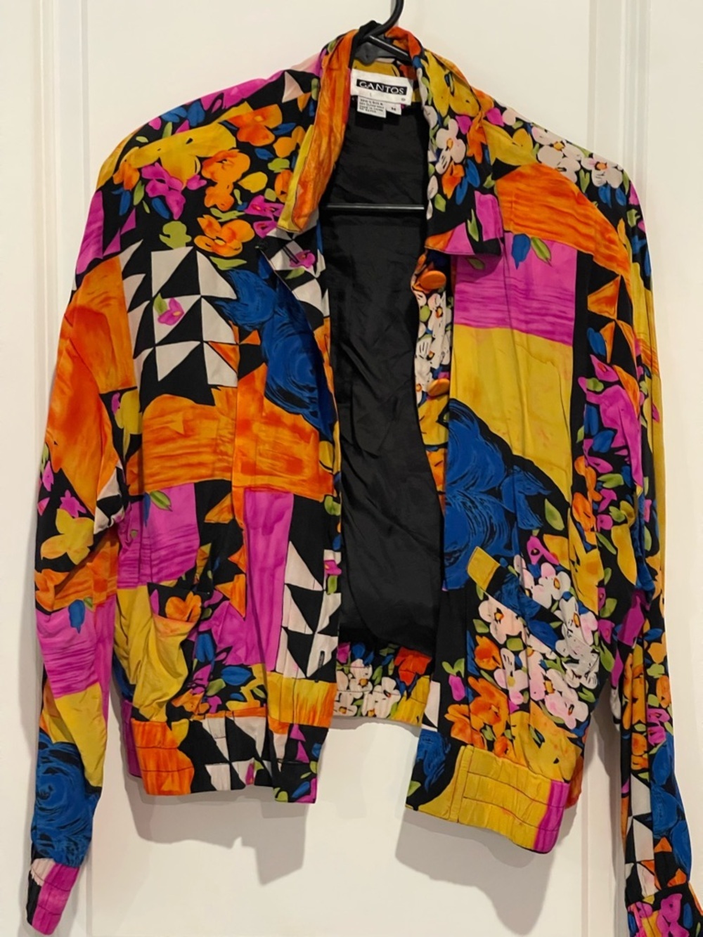 Gantos Black Floral 100% Silk Bomber Jacket with Vibrant Multicolor Print